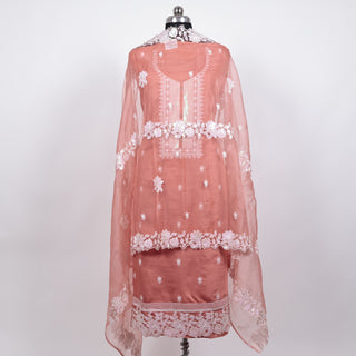 Peach Modal Cotton Party Wear Suit with embroidery and organic organza dupatta