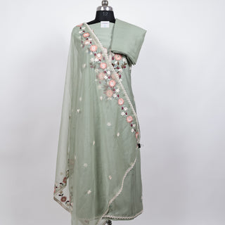 Light Green Modal Cotton Neck Embroidery Party Wear Suit with organic organza dupatta