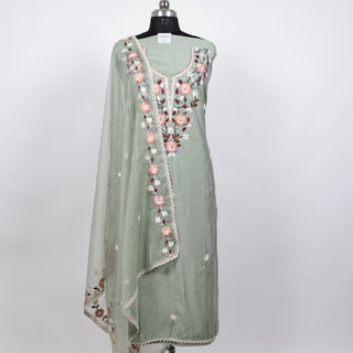 Light Green Modal Cotton Neck Embroidery Party Wear Suit with organic organza dupatta