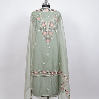 Light Green Modal Cotton Neck Embroidery Party Wear Suit with organic organza dupatta