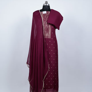 Burgundy Party Wear Dola Silk Suit Fabric and Chiffon dupatta