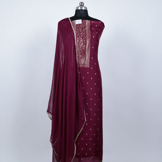 Burgundy Party Wear Dola Silk Suit Fabric and Chiffon dupatta