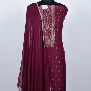 Burgundy Party Wear Dola Silk Suit Fabric and Chiffon dupatta