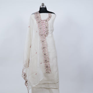 Off-White Kota Doria Party Wear Suit with Neck Embroidery