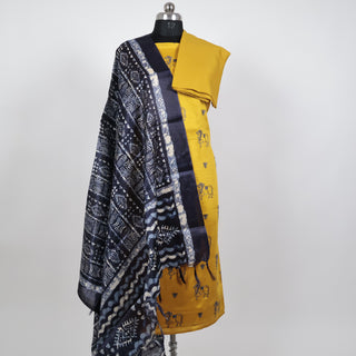 Yellow Party Wear Suit fabric with embroidered cow motifs and silk dupatta