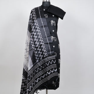 Black Party Wear Suit fabric with embroidered cow motifs and ikkat print silk dupatta