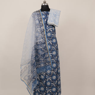 Blue Cotton Kalamkari Handblock Office Wear Suit fabric with Kota doria Dupatta