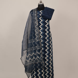 Indigo color Handblock Office Wear Suit fabric with Kota doria Dupatta