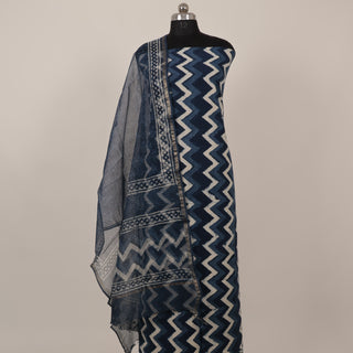 Indigo color Handblock Office Wear Suit fabric with Kota doria Dupatta