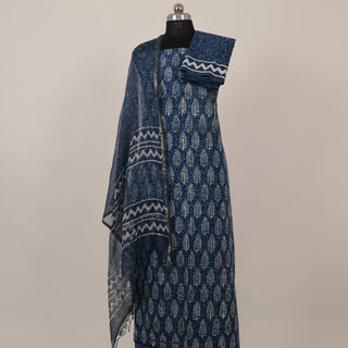 Cotton Dabu Indigo Handblock Office Wear Suit fabric with Kota doria Dupatta