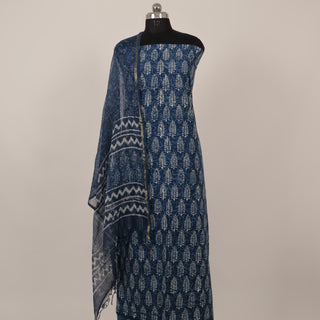 Cotton Dabu Indigo Handblock Office Wear Suit fabric with Kota doria Dupatta