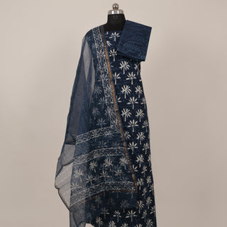 Indigo color Handblock Office Wear Suit fabric with Kota doria Dupatta