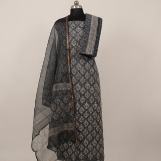 Gray color Handblock Office Wear Suit fabric with Kota doria Dupatta