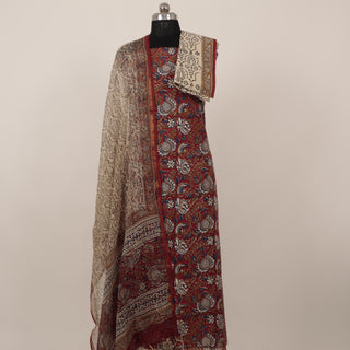 Red Kalamkari Handblock Office Wear Cotton Suit fabric with Kota doria Dupatta