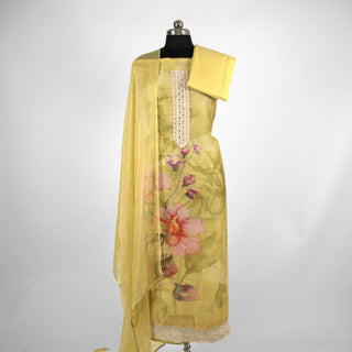 Yellow Cotton Party Wear Suit Fabric with Pure Chiffon dupatta