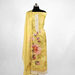 Yellow Cotton Party Wear Suit Fabric with Pure Chiffon dupatta