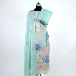 Light Blue Cotton Party Wear Suit Fabric with Pure Chiffon dupatta