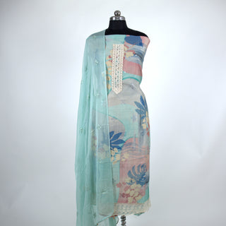 Light Blue Cotton Party Wear Suit Fabric with Pure Chiffon dupatta