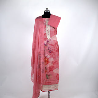 Pink Cotton Party Wear Suit Fabric with Pure Chiffon dupatta