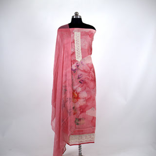 Pink Cotton Party Wear Suit Fabric with Pure Chiffon dupatta