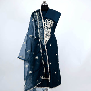 Navy Blue Party Wear Suit with embroidery and organic organza dupatta