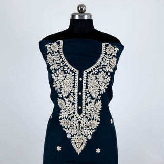 Navy Blue Party Wear Suit with embroidery and organic organza dupatta