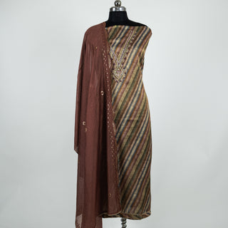 Brown Chikoo Color Party Wear Suit fabric with V Neck embroidery and muslin dupatta