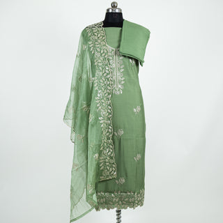 Green Party Wear Suit with embroidery and organic organza dupatta