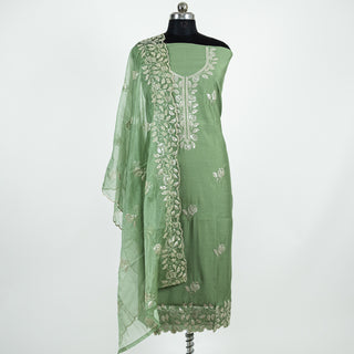 Green Party Wear Suit with embroidery and organic organza dupatta