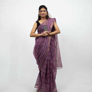 Mauve Hand Block Print Kota Doria Cotton Saree with zari border and unstitched Blouse Piece