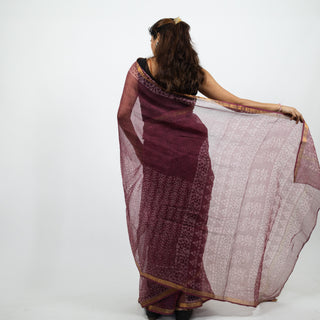 Mauve Hand Block Print Kota Doria Cotton Saree with zari border and unstitched Blouse Piece