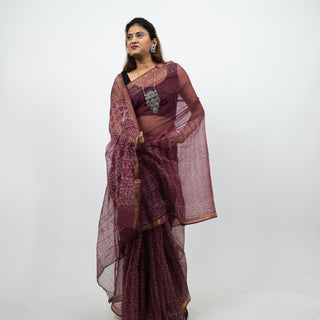 Mauve Hand Block Print Kota Doria Cotton Saree with zari border and unstitched Blouse Piece