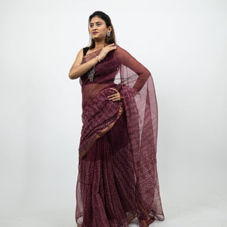 Mauve Hand Block Print Kota Doria Cotton Saree with zari border and unstitched Blouse Piece