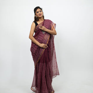 Mauve Hand Block Print Kota Doria Cotton Saree with zari border and unstitched Blouse Piece