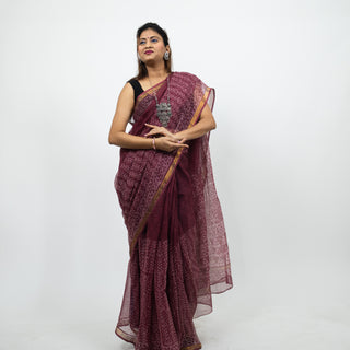 Mauve Hand Block Print Kota Doria Cotton Saree with zari border and unstitched Blouse Piece