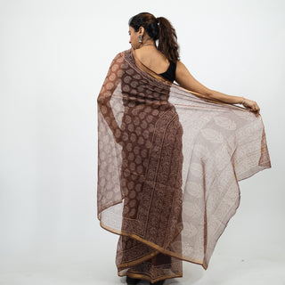 Brown Hand Block Print Kota Doria Cotton Saree with zari border and unstitched Blouse Piece