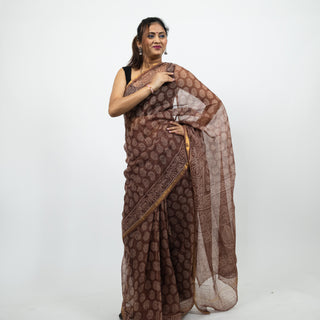 Brown Hand Block Print Kota Doria Cotton Saree with zari border and unstitched Blouse Piece