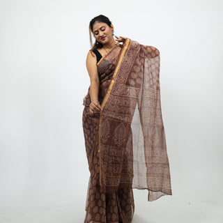 Brown Hand Block Print Kota Doria Cotton Saree with zari border and unstitched Blouse Piece