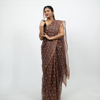 Brown Hand Block Print Kota Doria Cotton Saree with zari border and unstitched Blouse Piece