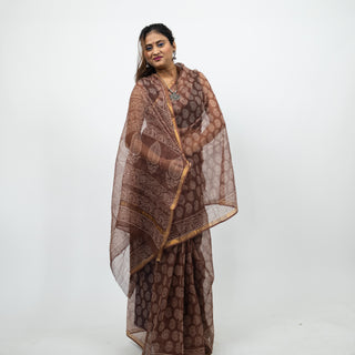 Brown Hand Block Print Kota Doria Cotton Saree with zari border and unstitched Blouse Piece