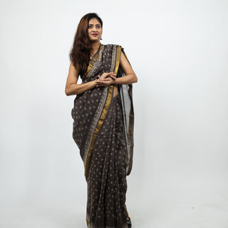 Brown Office Wear Maheshwari Silk Saree with Unstitched Blouse Piece