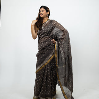 Brown Office Wear Maheshwari Silk Saree with Unstitched Blouse Piece