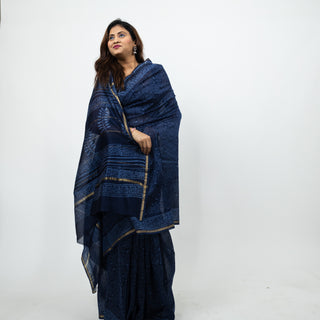 Blue Chanderi Silk Saree with Unstitched Blouse Piece