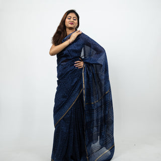 Blue Chanderi Silk Saree with Unstitched Blouse Piece