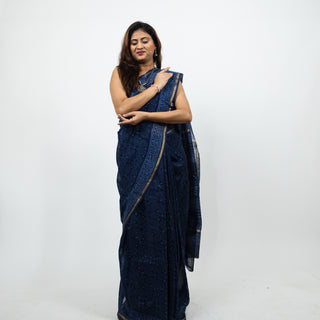 Blue Chanderi Silk Saree with Unstitched Blouse Piece