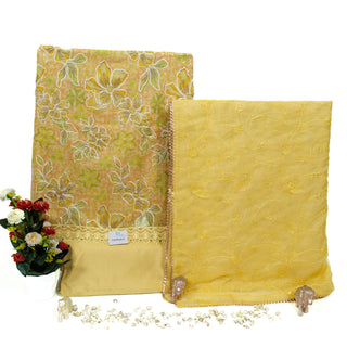 Yellow Party Wear Organza Suit fabric with Neck embroidery and dupatta