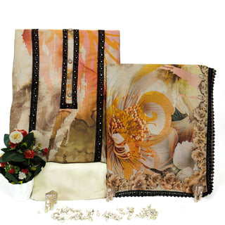 Cream Muslin Party Wear Designer Suit Material with Digital Print Dupatta