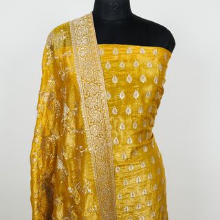 Mustard Crushed Shimmer Party Wear Designer Suit fabric with dupatta