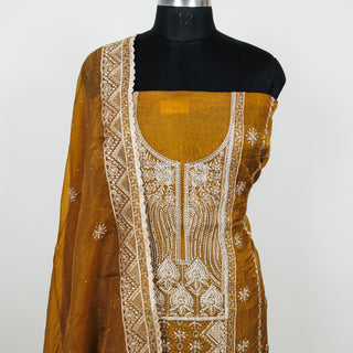 Mustard Color Crushed Shimmer Party Wear Designer Suit fabric with dupatta