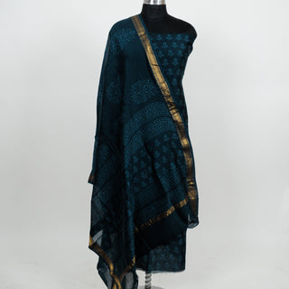 Dark Blue Handblock Maheshwari Suit Material with Maheshwari Dupatta